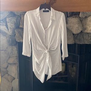 White Striped Long Sleeve Collard Dress